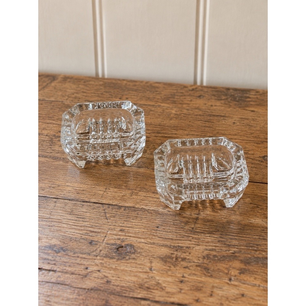 VTG Clear Cut Glass Rectangle Footed Mini Salt Cellars Set Of 2